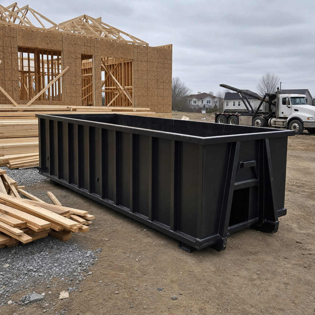 Matte-black 40-yard roll-off dumpster staged on a framed-out residential construction site in Tucson, framing lumber stacked nearby, hooklift delivery truck visible in the background under bright Colorado daylight