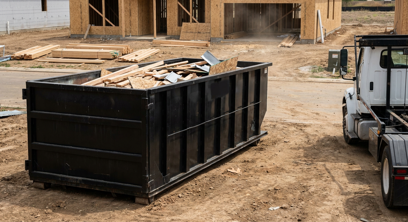 Matte-black 20-yard roll-off construction dumpster with heavy ribbed steel sidewalls and swing rear doors at a working jobsite in Tucson, sitting directly on compacted dirt with an unmarked white hauler partially visible at the far edge of the frame.