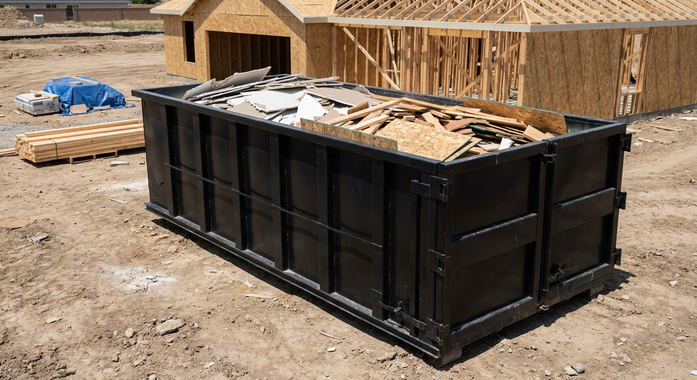 Matte-black 30-yard roll-off construction dumpster sitting directly on the compacted-dirt site of a framed single-family home build in Tucson, drywall and lumber scrap loaded inside.