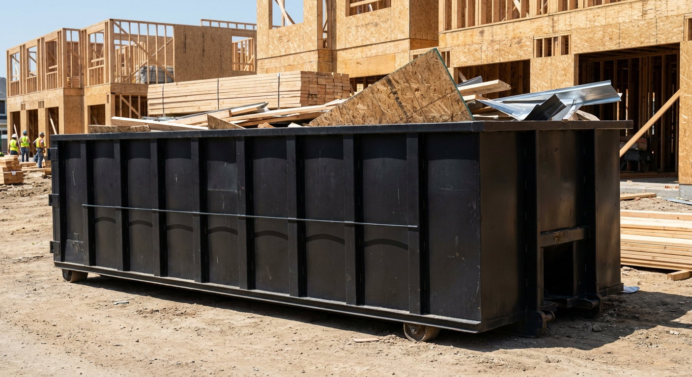 Matte-black 40-yard roll-off construction dumpster being lowered from a white-cab hooklift delivery truck onto the compacted-dirt jobsite at a commercial build site in Tucson