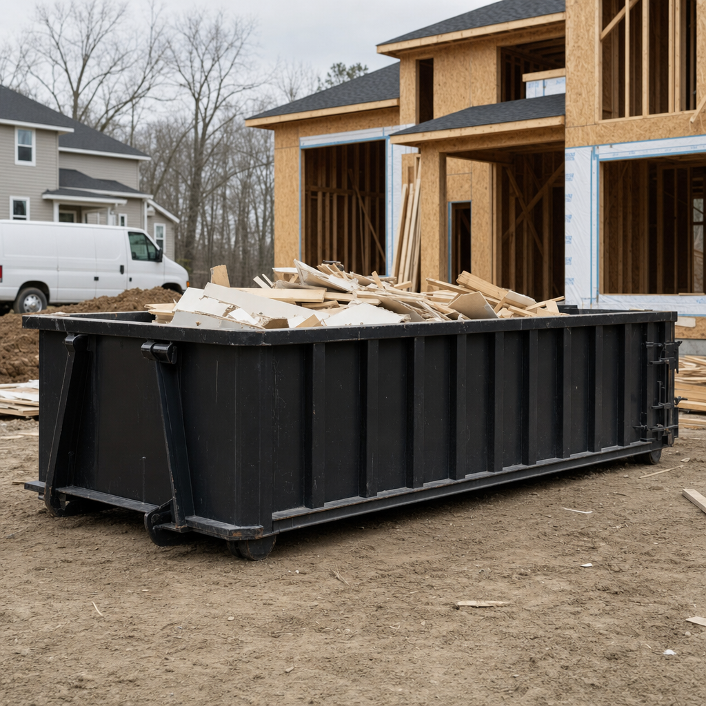 Worker in a yellow high-visibility vest tossing framing lumber and broken drywall into a matte-black 30-yard construction roll-off dumpster on an active build site in Tucson, bright daylight