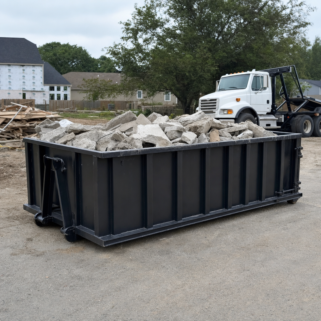 Low-profile matte-black lowboy roll-off dumpster loaded with broken concrete slab and rebar at a foundation tear-out in Tucson, skid steer parked beside it, sunny Colorado morning