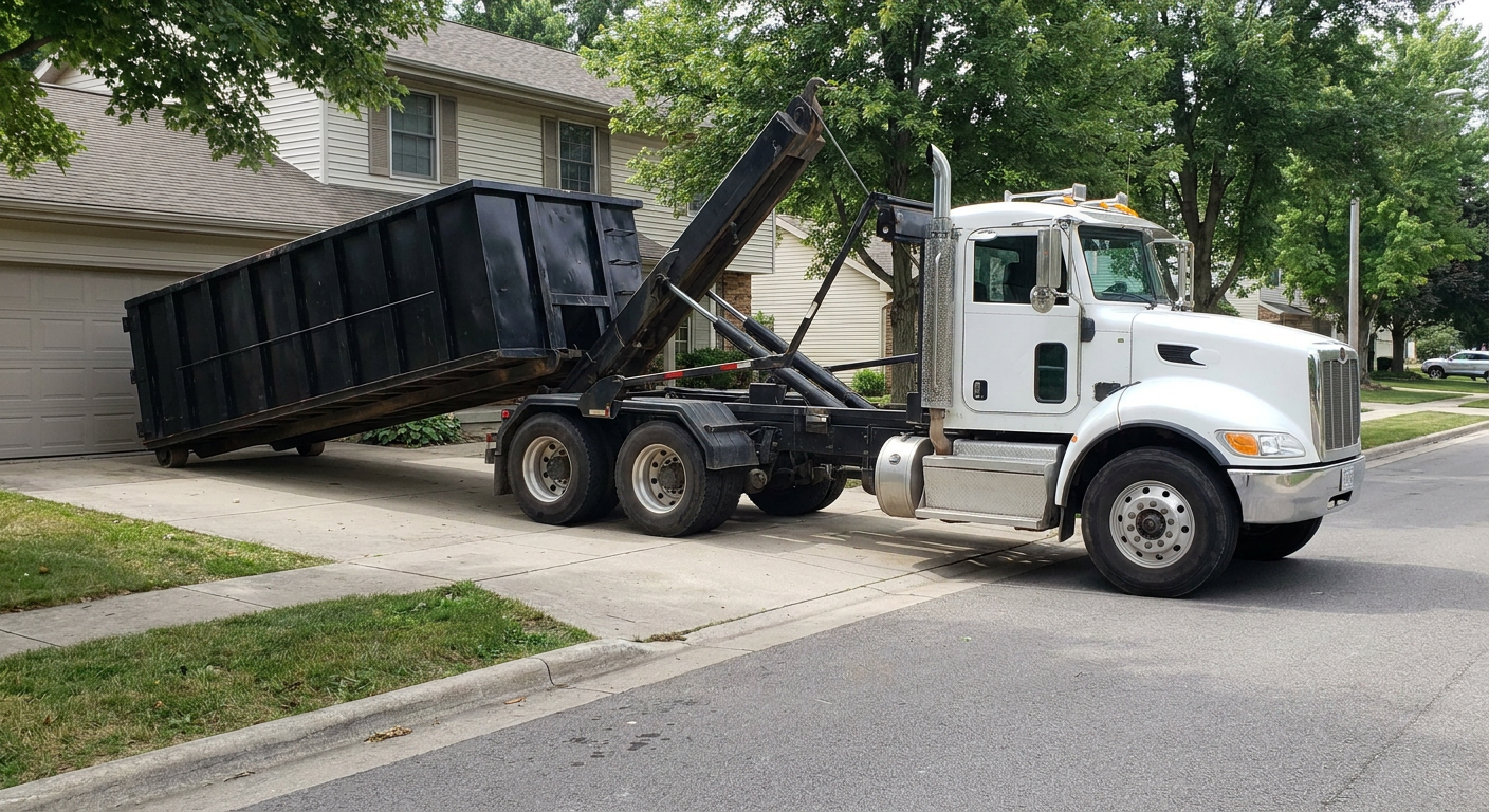 White-cab hooklift roll-off truck actively lowering a matte-black dumpster onto a Tucson residential concrete driveway, the dumpster's rear wheels touching the driveway as the hoist arm tilts the bed forward, mid-morning daylight.