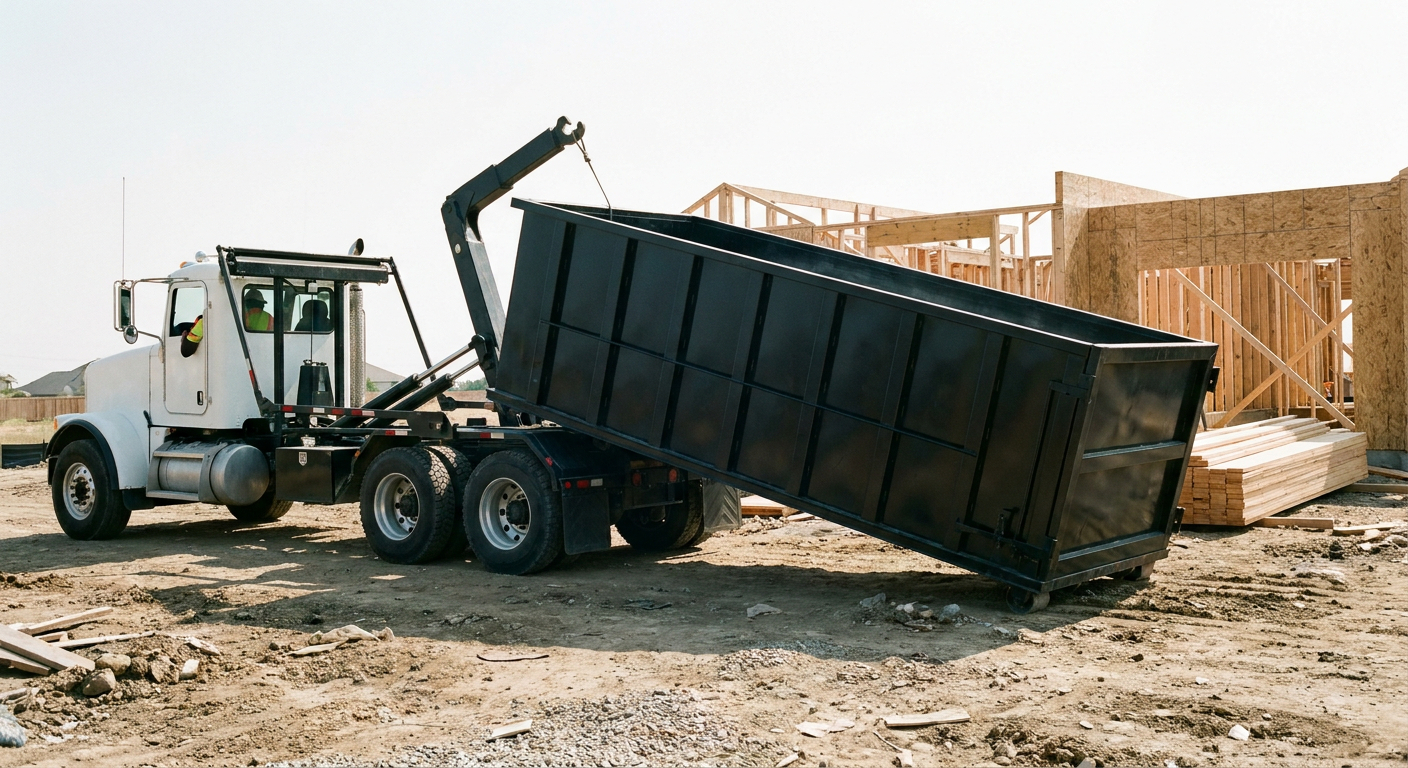 Matte-black roll-off dumpster being delivered onto a clean residential concrete driveway in Tucson by an unmarked white hooklift hauler truck, bright morning daylight, documentary 35mm perspective.