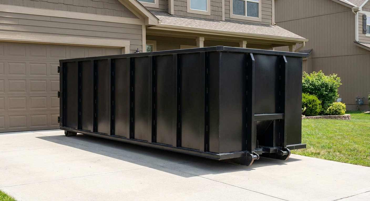 Matte-black residential roll-off dumpster sitting directly on a suburban Tucson concrete driveway, garage door closed, single-family home in background, bright morning daylight.