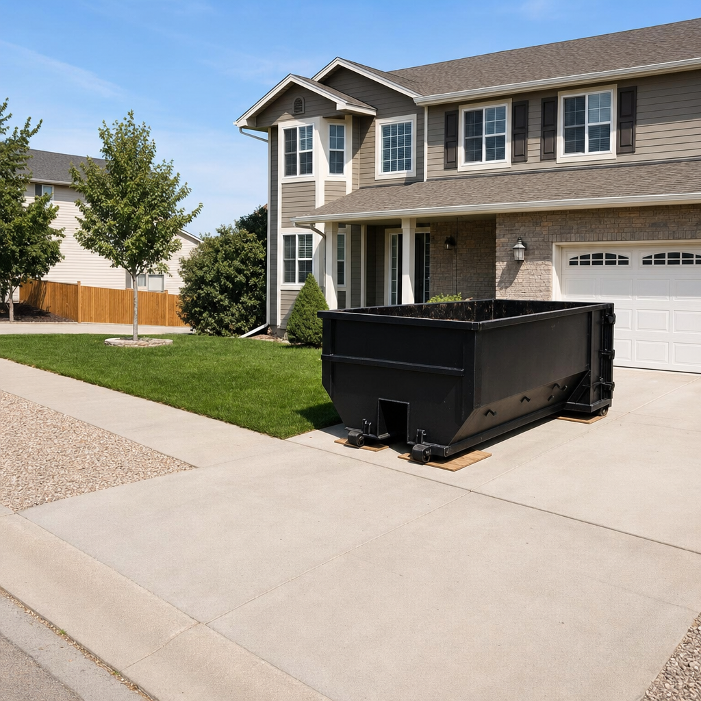 10-yard matte-black residential dumpster placed directly on a narrow Tucson concrete driveway, room remains for a parked sedan beside it, mid-morning natural light