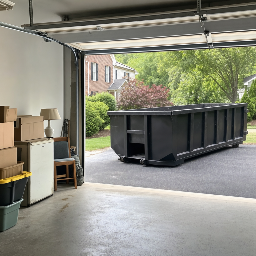 Open garage interior in a Tucson home mid-cleanout — boxed items, an old appliance, and stacked yard tools queued near the driveway for a matte-black roll-off dumpster, organized and calm