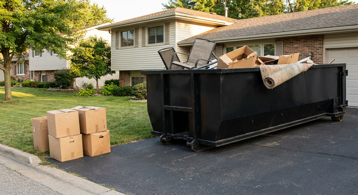Front-yard view of a Tucson split-level home with a 20-yard matte-black roll-off dumpster sitting directly on the asphalt driveway, a few clearly labeled donation boxes staged at the curb, calm sunny afternoon.