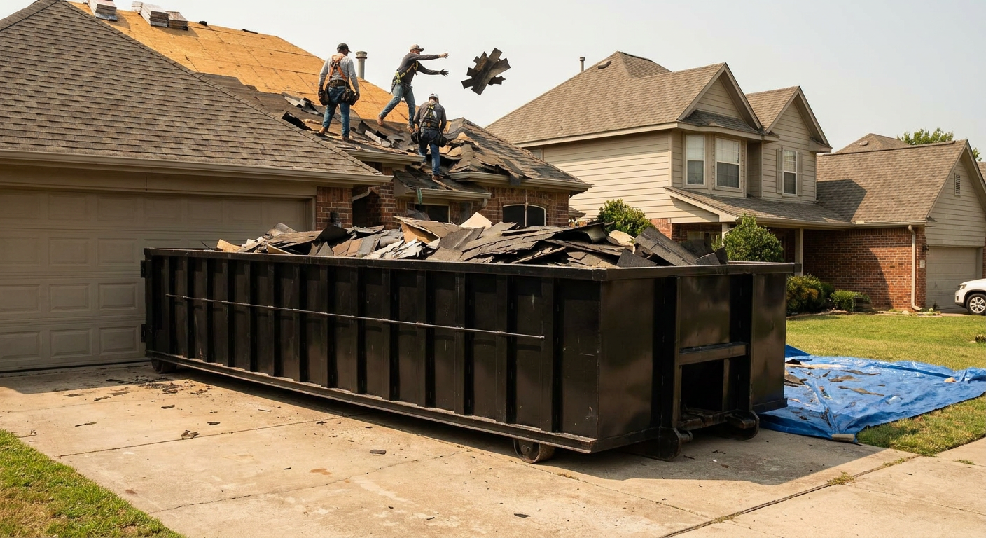 Matte-black roofing roll-off dumpster placed directly on a Tucson residential concrete driveway, a tear-off crew on a two-story asphalt-shingle roof tossing shingle bundles into the low-walled container, bright daylight, documentary 35mm perspective.