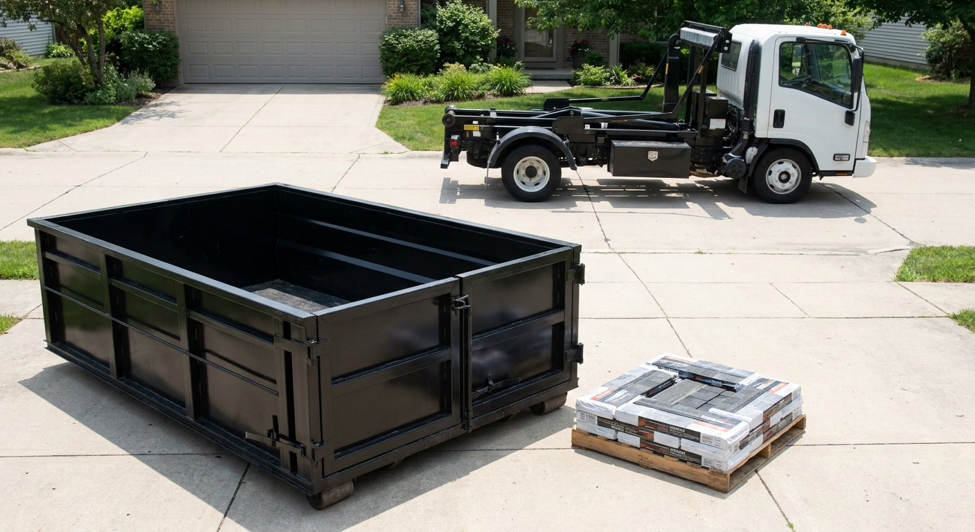 Matte-black 15-yard roofing roll-off dumpster with reinforced low side walls sitting directly on a Tucson residential concrete driveway, three-tab asphalt shingle bundles stacked nearby, an unmarked white hauler truck partially visible at the edge of the frame.