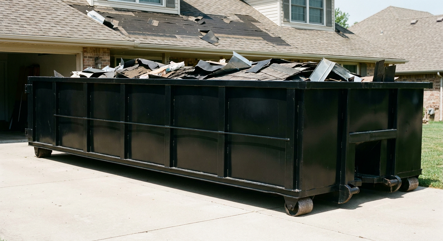 Matte-black 20-yard roofing roll-off dumpster with steel ribbed sides and swinging rear door, sitting directly on the concrete driveway of a two-story Tucson home, asphalt shingle debris being loaded over the low wall, clean documentary lighting.
