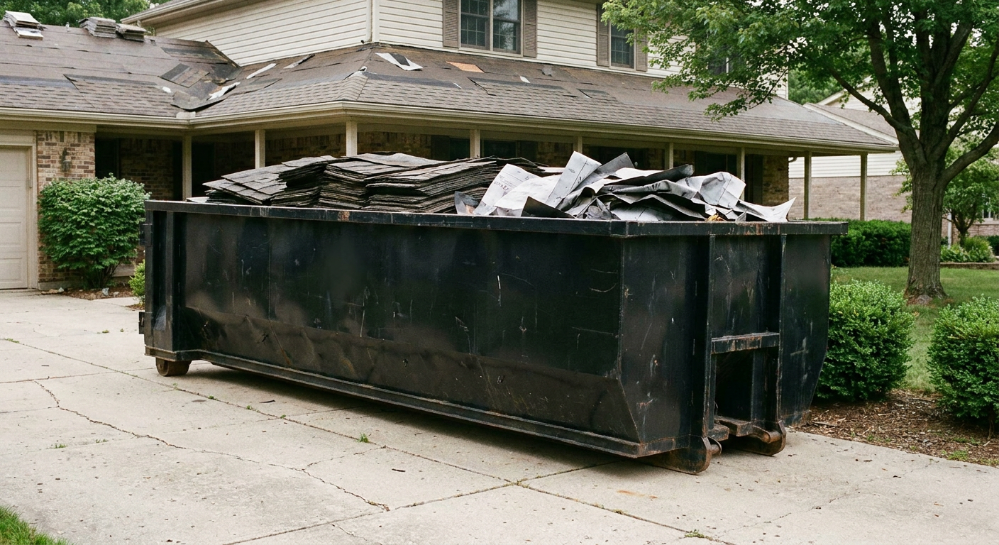 Matte-black 30-yard roofing roll-off dumpster sitting directly on a Tucson concrete driveway, taller ribbed steel side panels, mixed tear-off debris of asphalt shingles and underlayment inside, professional documentary daylight.