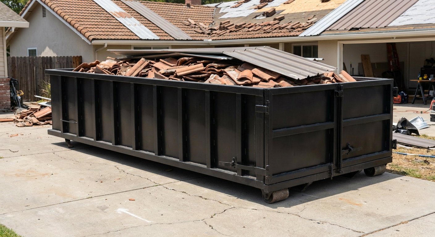 Matte-black low-wall heavy-debris roofing roll-off dumpster sitting directly on a Tucson concrete driveway, broken concrete clay roof tiles and metal panel sections loaded inside, reinforced ribbed steel side walls visible, bright outdoor daylight.