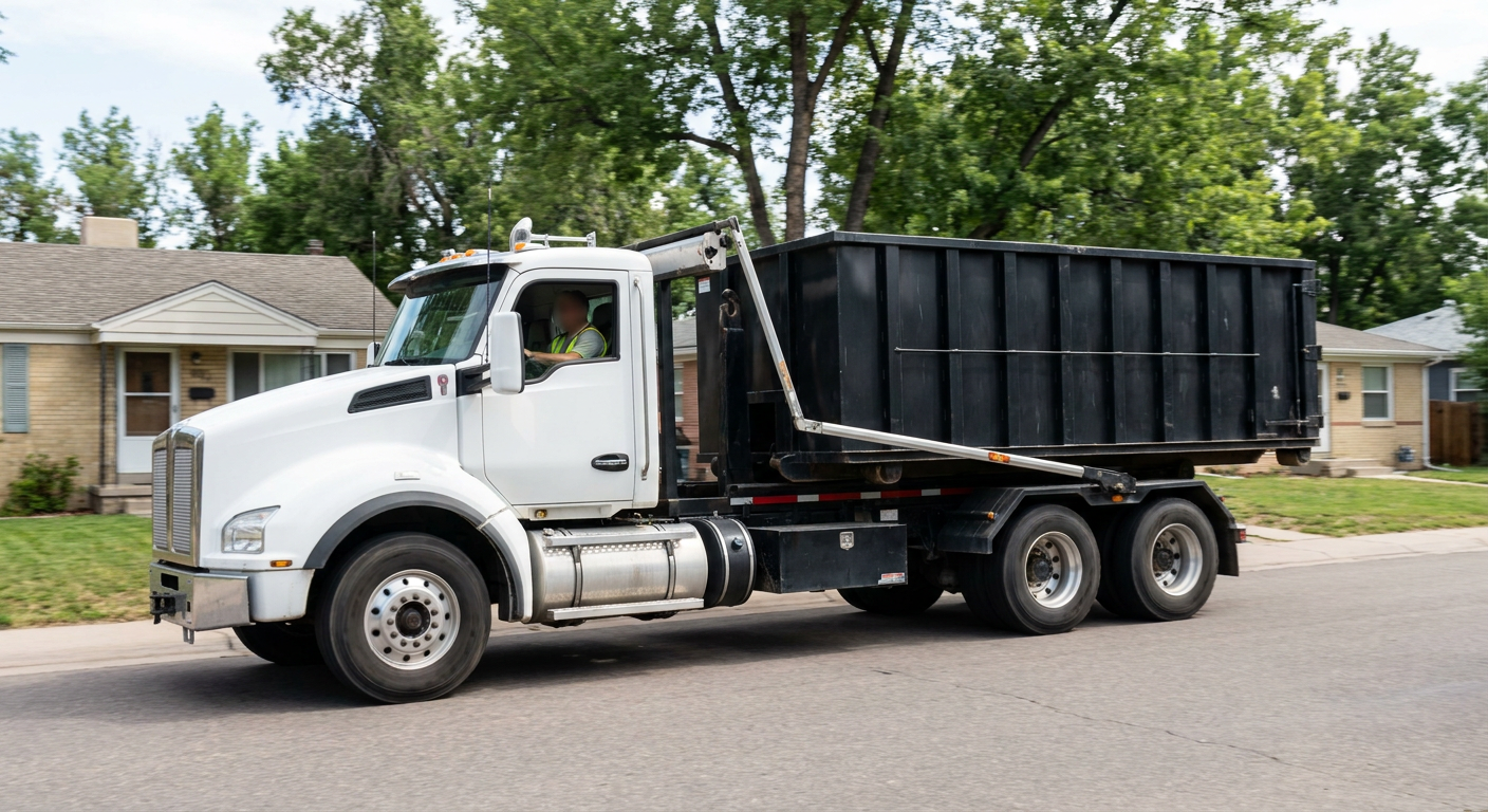 A wide documentary shot of a matte-black roll-off delivery truck pulling onto a quiet Tucson residential street at mid-morning, with neighborhood rooftops and tree-lined blocks visible behind, showing the metro coverage footprint.