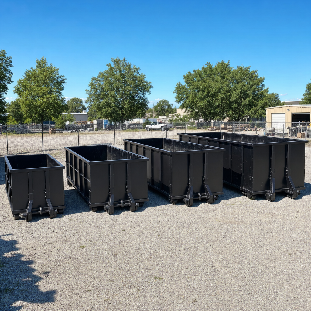 A clean lineup of matte-black roll-off dumpsters in 10, 20, 30, and 40-yard sizes staged on a sunlit gravel yard in Tucson, showing the size progression from compact to commercial-scale containers.