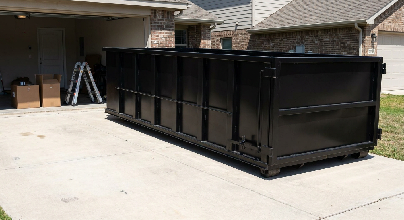 A matte-black 10-yard roll-off dumpster sitting directly on a residential Tucson concrete driveway, mid-day sunlight, clean and ready for a garage cleanout.