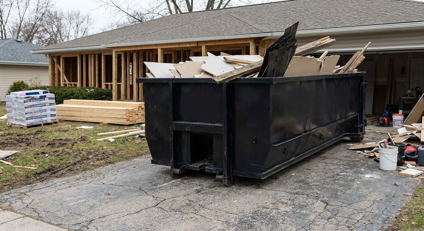 A matte-black 20-yard roll-off dumpster placed alongside a mid-renovation Tucson home directly on the asphalt driveway, with framing materials and torn-off shingles staged neatly nearby.
