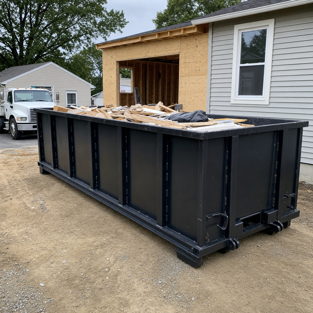 A matte-black 30-yard roll-off dumpster positioned at a Tucson residential addition jobsite, with framing lumber and drywall scraps loaded through the open swinging rear doors.