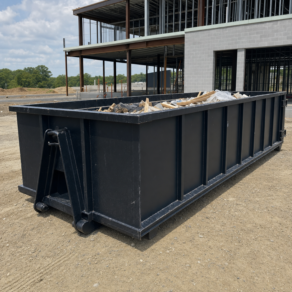 A matte-black 40-yard roll-off dumpster staged on a large Tucson commercial construction lot, with a hooklift delivery truck parked alongside under bright midday sky.