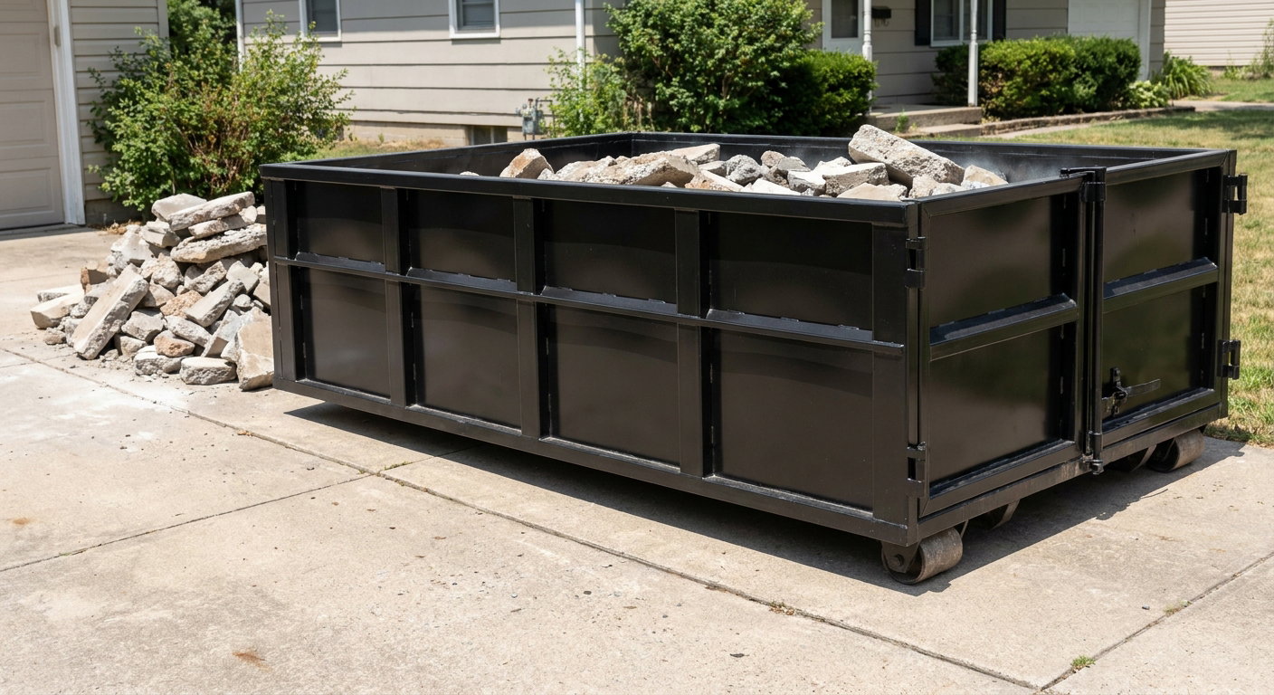 A matte-black low-side heavy-debris roll-off dumpster placed directly on a Tucson concrete driveway, with broken concrete chunks neatly stacked beside it under clean daylight.